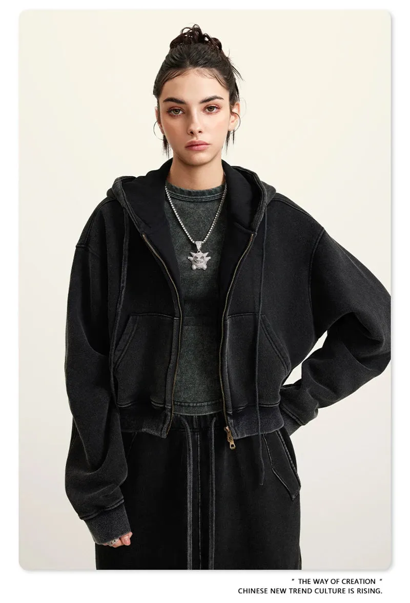 Obsidian Phoenix Luxury 355gsm Short Zipper Fleece Hoodie - Women's Retro Loose-Fit Thick Hooded Zip-Up Coat