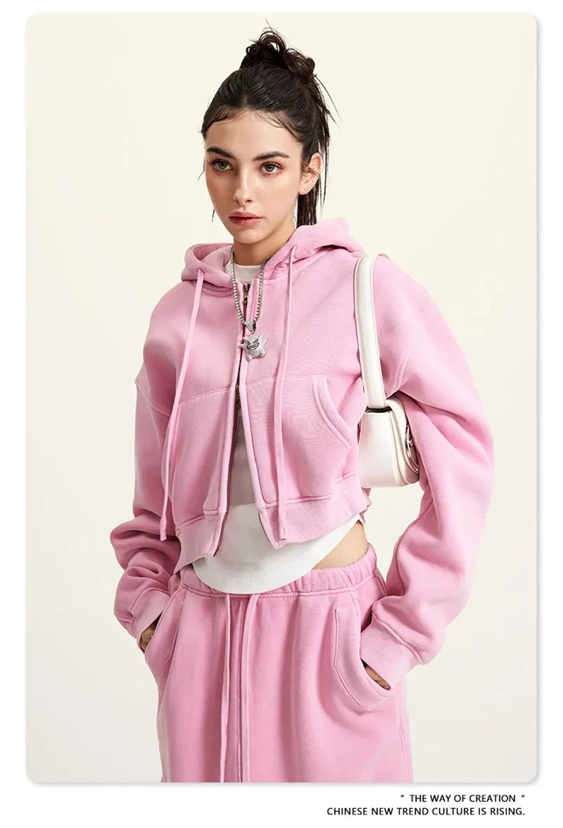 Obsidian Phoenix Luxury 355gsm Short Zipper Fleece Hoodie - Women's Retro Loose-Fit Thick Hooded Zip-Up Coat