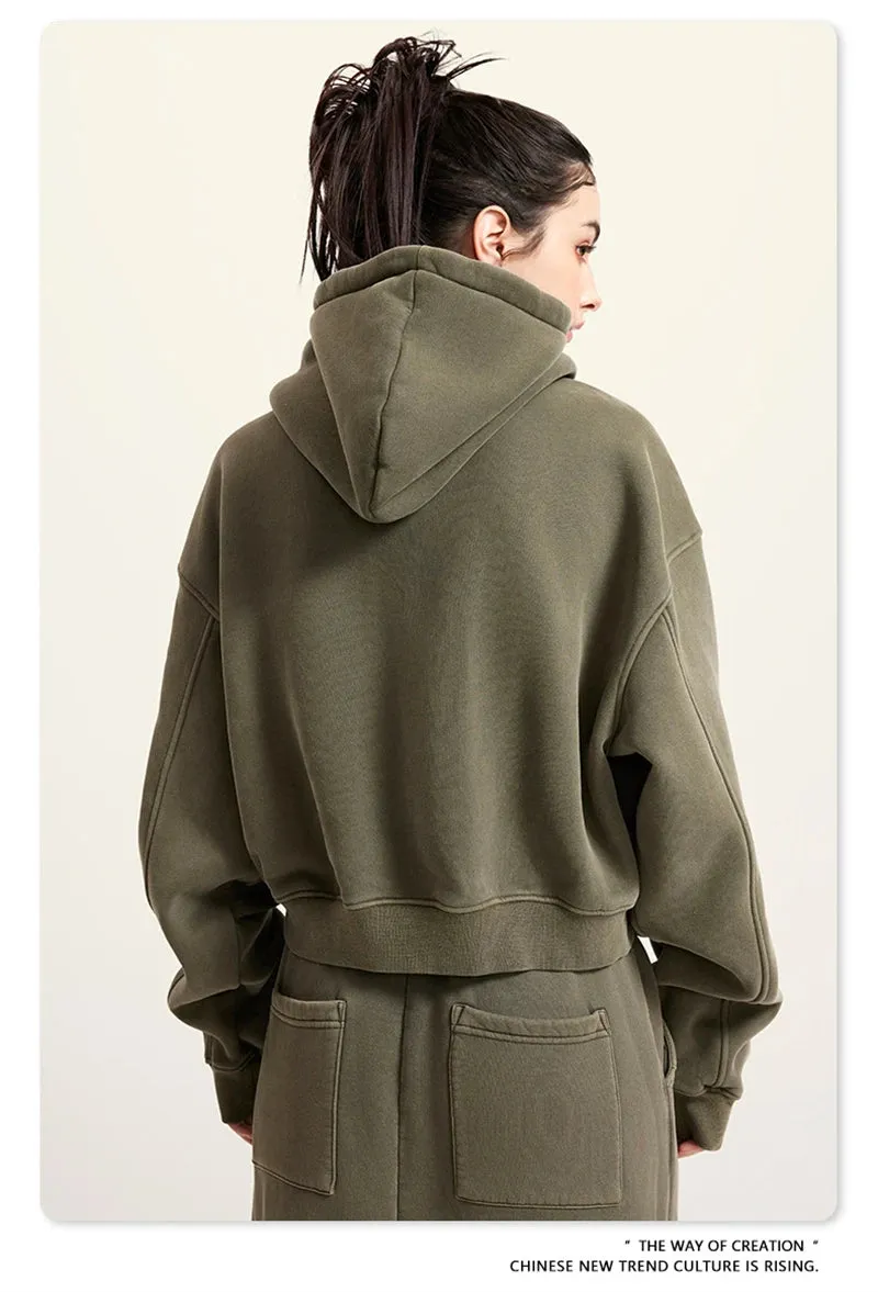 Obsidian Phoenix Luxury 355gsm Short Zipper Fleece Hoodie - Women's Retro Loose-Fit Thick Hooded Zip-Up Coat