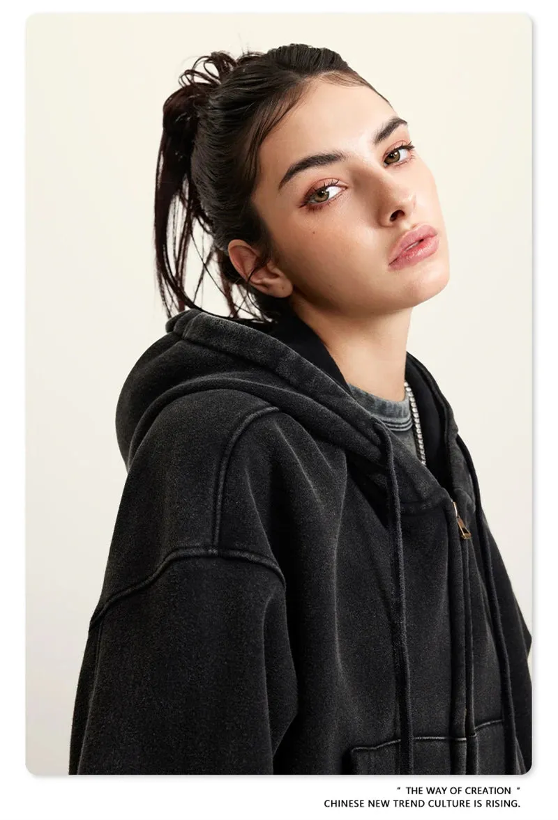 Obsidian Phoenix Luxury 355gsm Short Zipper Fleece Hoodie - Women's Retro Loose-Fit Thick Hooded Zip-Up Coat
