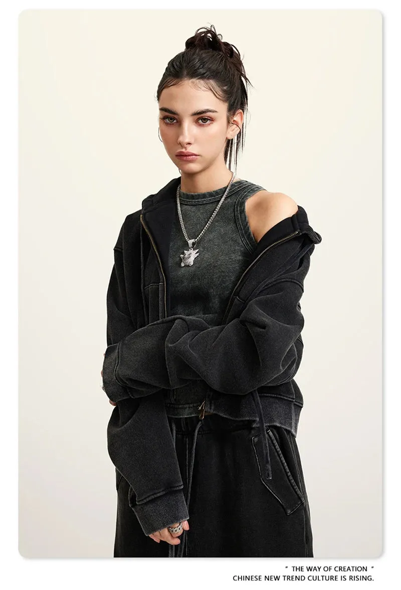 Obsidian Phoenix Luxury 355gsm Short Zipper Fleece Hoodie - Women's Retro Loose-Fit Thick Hooded Zip-Up Coat