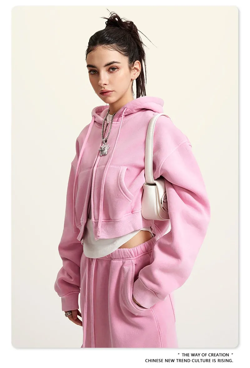 Obsidian Phoenix Luxury 355gsm Short Zipper Fleece Hoodie - Women's Retro Loose-Fit Thick Hooded Zip-Up Coat