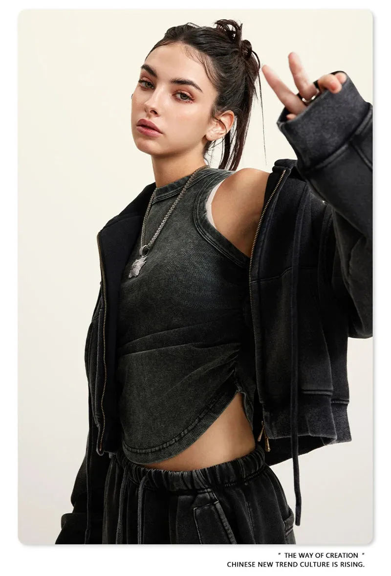 Obsidian Phoenix Luxury 355gsm Short Zipper Fleece Hoodie - Women's Retro Loose-Fit Thick Hooded Zip-Up Coat