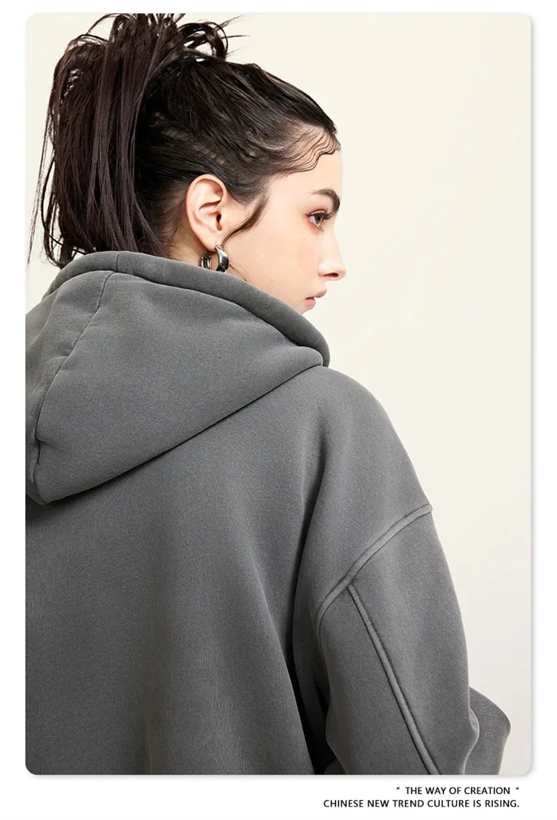 Obsidian Phoenix Luxury 355gsm Short Zipper Fleece Hoodie - Women's Retro Loose-Fit Thick Hooded Zip-Up Coat