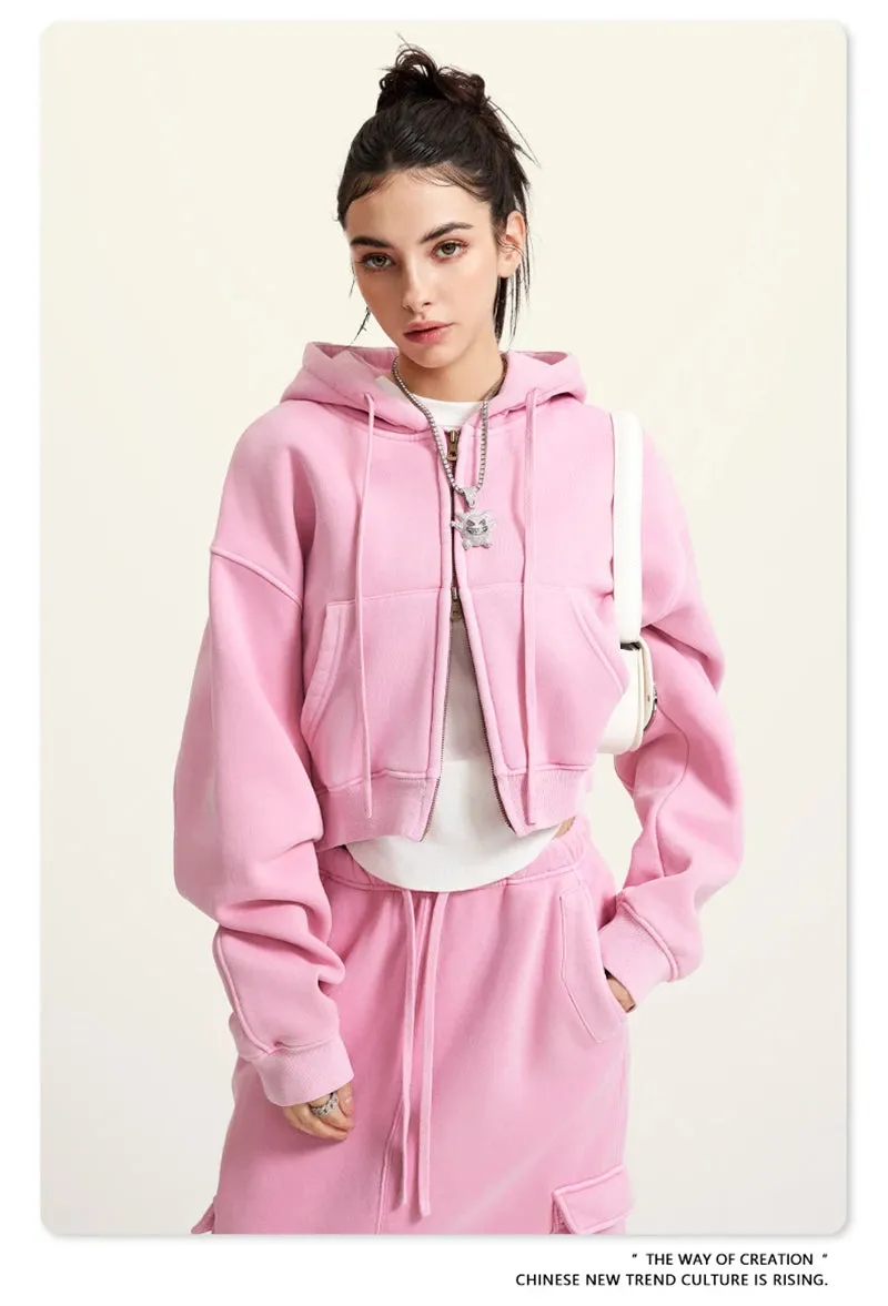 Obsidian Phoenix Luxury 355gsm Short Zipper Fleece Hoodie - Women's Retro Loose-Fit Thick Hooded Zip-Up Coat