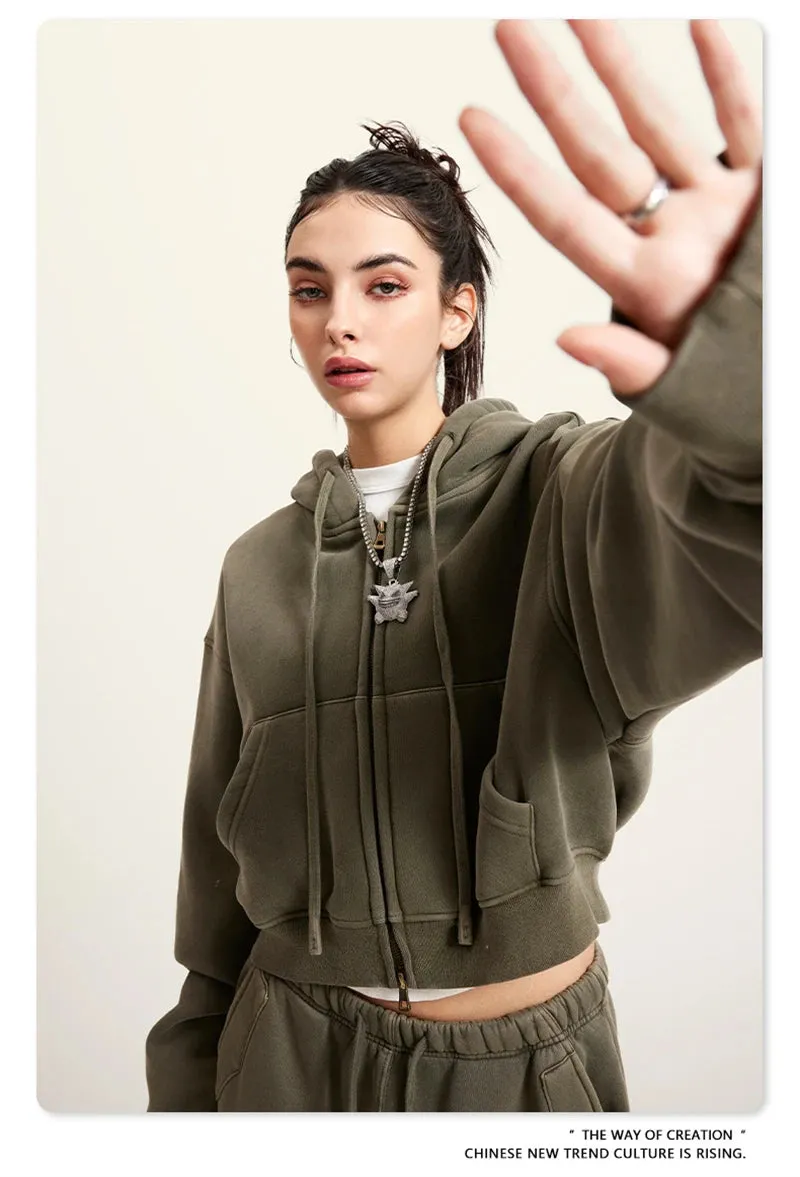 Obsidian Phoenix Luxury 355gsm Short Zipper Fleece Hoodie - Women's Retro Loose-Fit Thick Hooded Zip-Up Coat