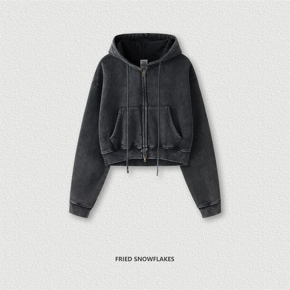 Obsidian Phoenix Luxury 355gsm Short Zipper Fleece Hoodie - Women's Retro Loose-Fit Thick Hooded Zip-Up Coat