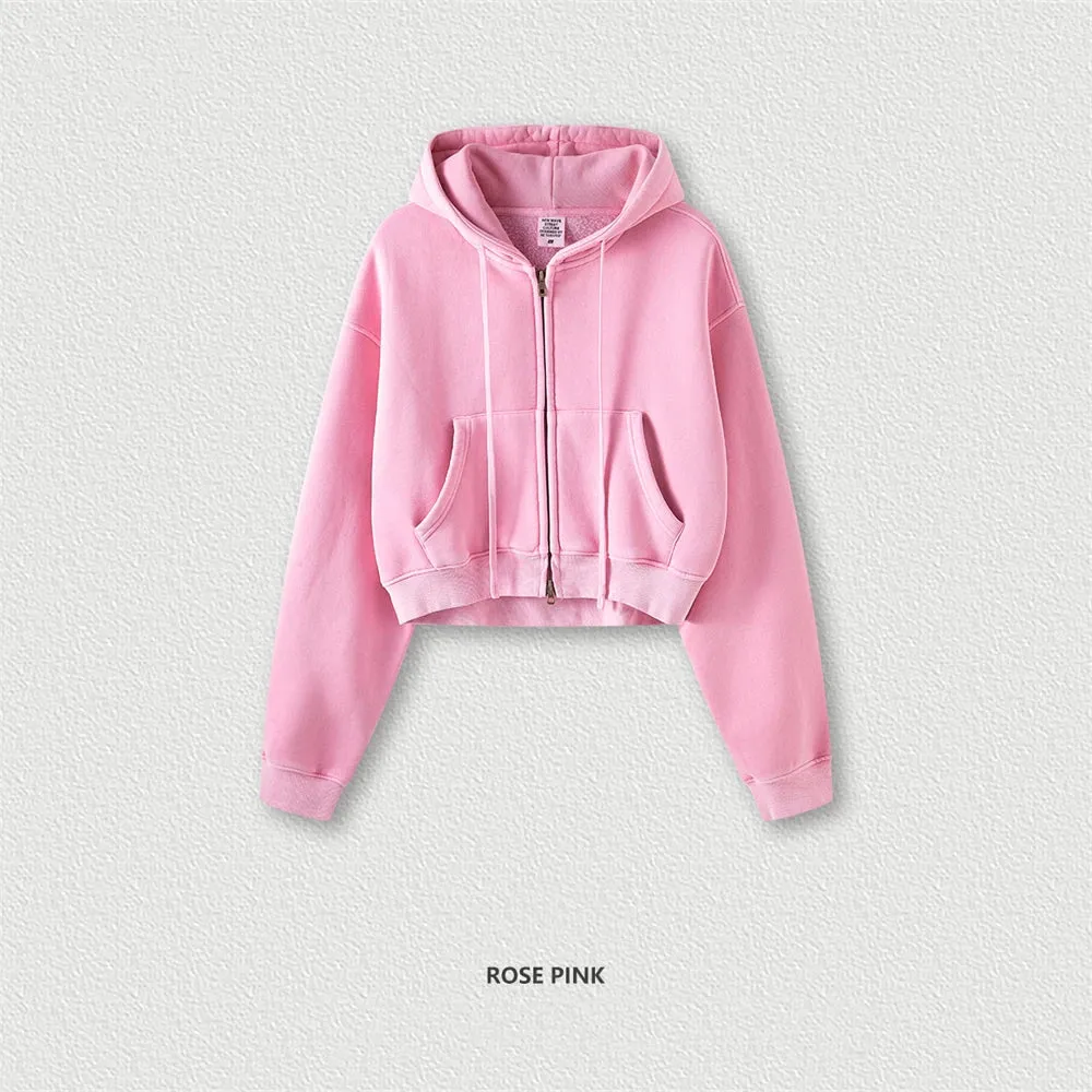 Obsidian Phoenix Luxury 355gsm Short Zipper Fleece Hoodie - Women's Retro Loose-Fit Thick Hooded Zip-Up Coat