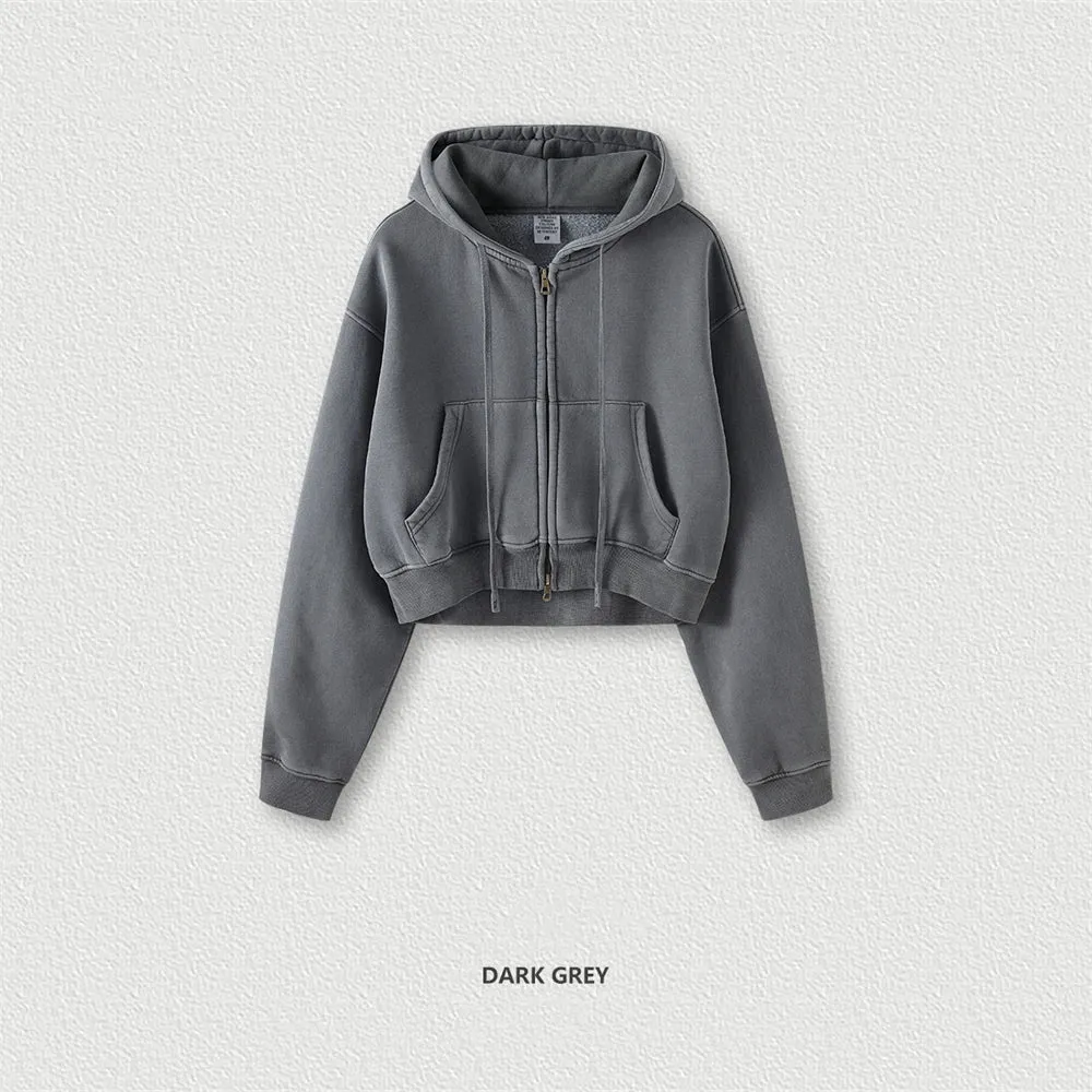 Obsidian Phoenix Luxury 355gsm Short Zipper Fleece Hoodie - Women's Retro Loose-Fit Thick Hooded Zip-Up Coat