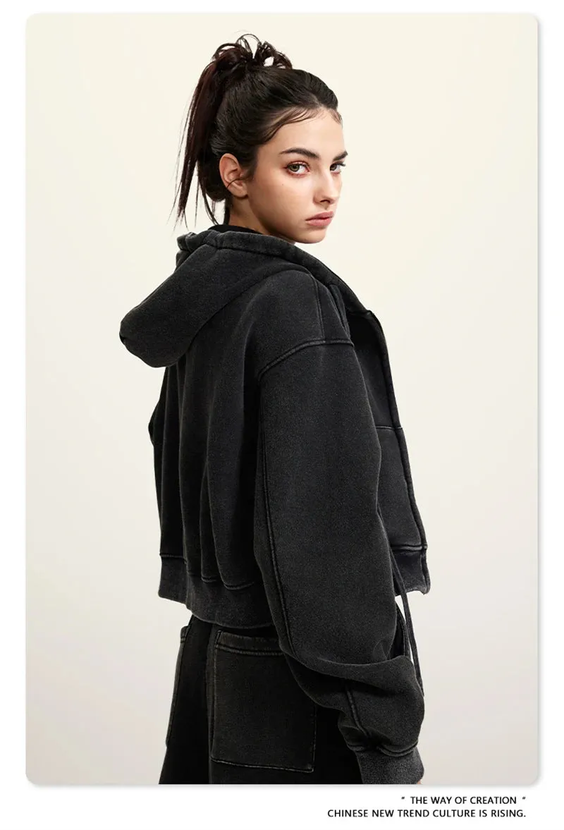 Obsidian Phoenix Luxury 355gsm Short Zipper Fleece Hoodie - Women's Retro Loose-Fit Thick Hooded Zip-Up Coat