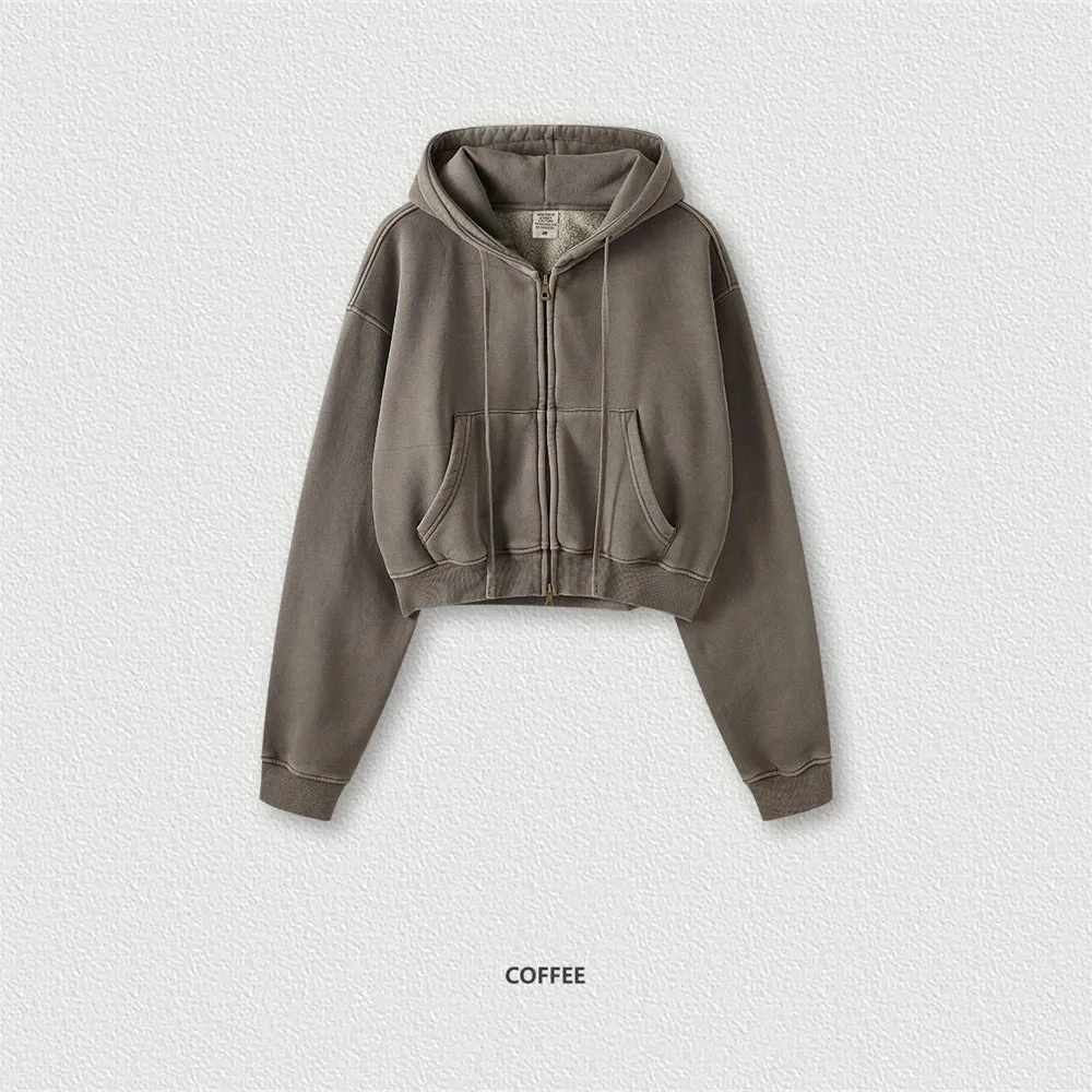 Obsidian Phoenix Luxury 355gsm Short Zipper Fleece Hoodie - Women's Retro Loose-Fit Thick Hooded Zip-Up Coat