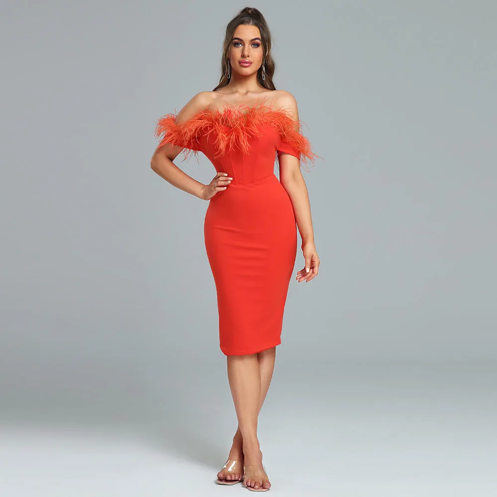 Off Shoulder Feather Trim Midi Dress