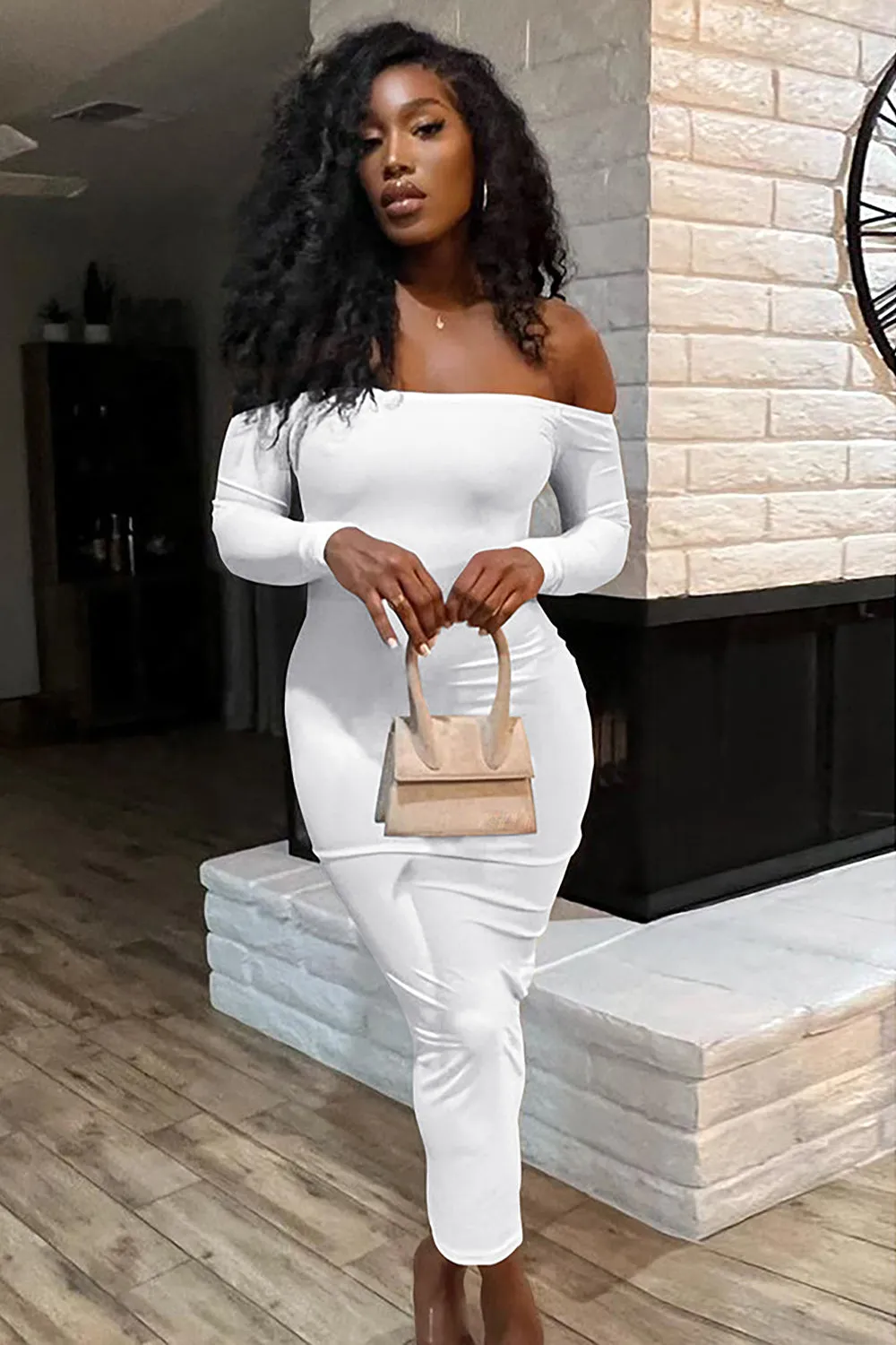 Off Shoulder Long Sleeve Open Back Solid Color Fitted Maxi Dresses-Black