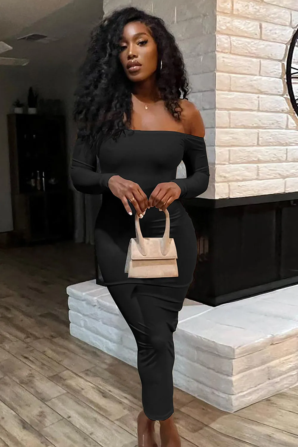 Off Shoulder Long Sleeve Open Back Solid Color Fitted Maxi Dresses-Black