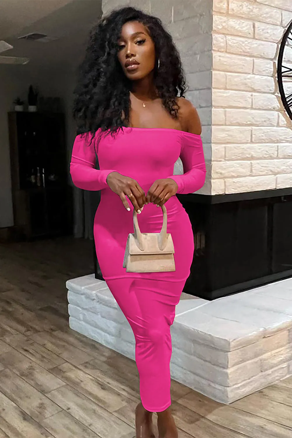 Off Shoulder Long Sleeve Open Back Solid Color Fitted Maxi Dresses-Black