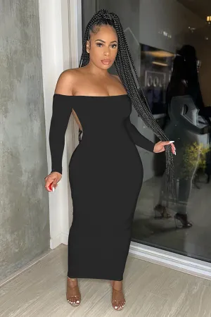 Off Shoulder Long Sleeve Open Back Solid Color Fitted Maxi Dresses-Black