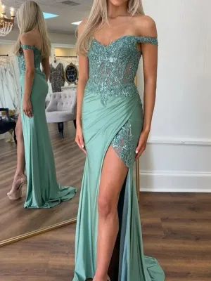 Off the Shoulder Appliqued Mermaid Prom Dresses with Split
