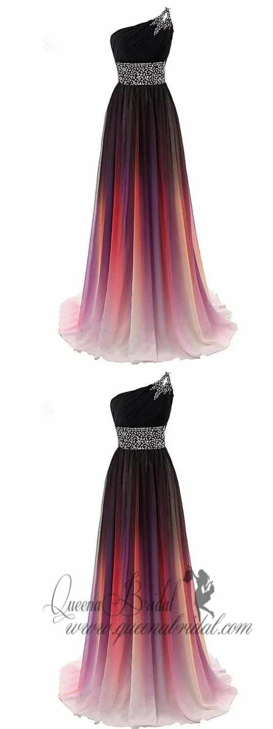 One Shoulder Chiffon Ombre Beaded Long Evening Prom Dresses, QB0362