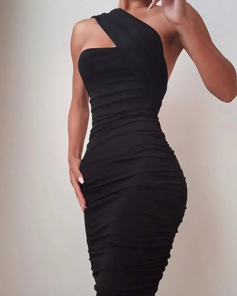 One Shoulder Sleeveless Ruched Party Dress - Black