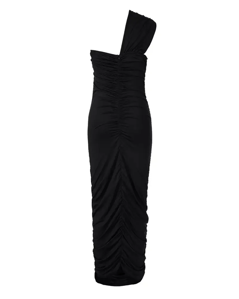 One Shoulder Sleeveless Ruched Party Dress - Black
