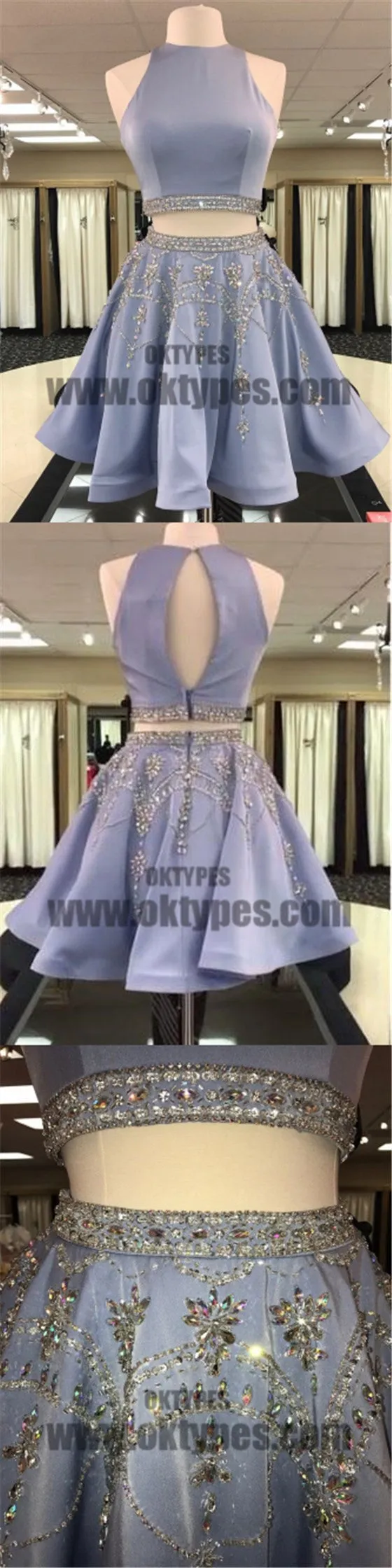 Open Back Grey Beaded Two Pieces Homecoming Dresses 2018, Homecoming Dresses, TYP0606