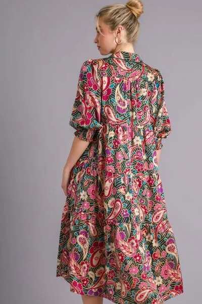 Paisley Print Satin Tiered Midi Dress