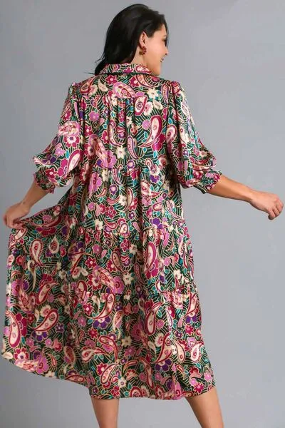 Paisley Print Satin Tiered Midi Dress