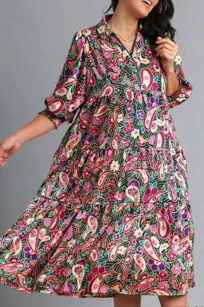 Paisley Print Satin Tiered Midi Dress