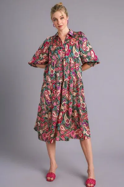 Paisley Print Satin Tiered Midi Dress