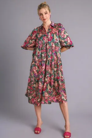 Paisley Print Satin Tiered Midi Dress