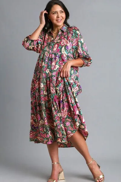 Paisley Print Satin Tiered Midi Dress