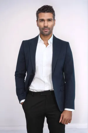 Peak Lapel Single Button Plain Navy Blue Men Blazer - Wessi
