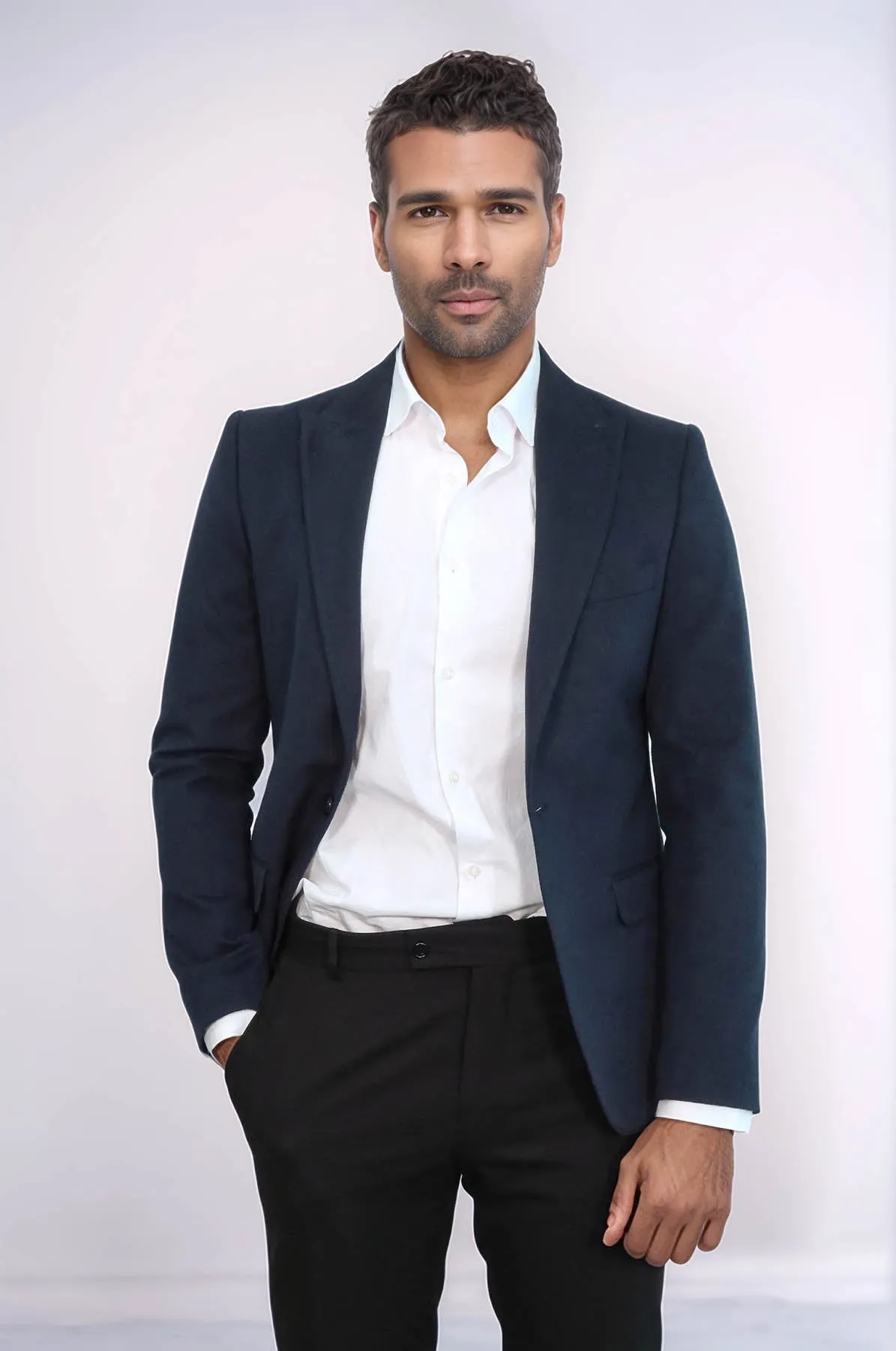 Peak Lapel Single Button Plain Navy Blue Men Blazer - Wessi