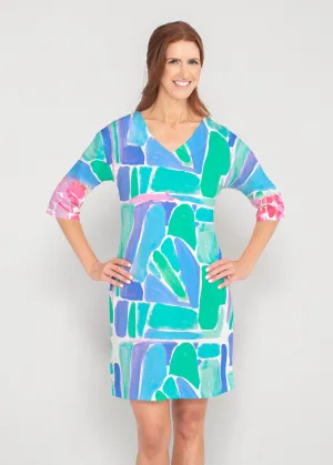 Pebble Walk Blue (17260) ~ Drop Shoulder 3/4 Sleeve V-Neck Dress
