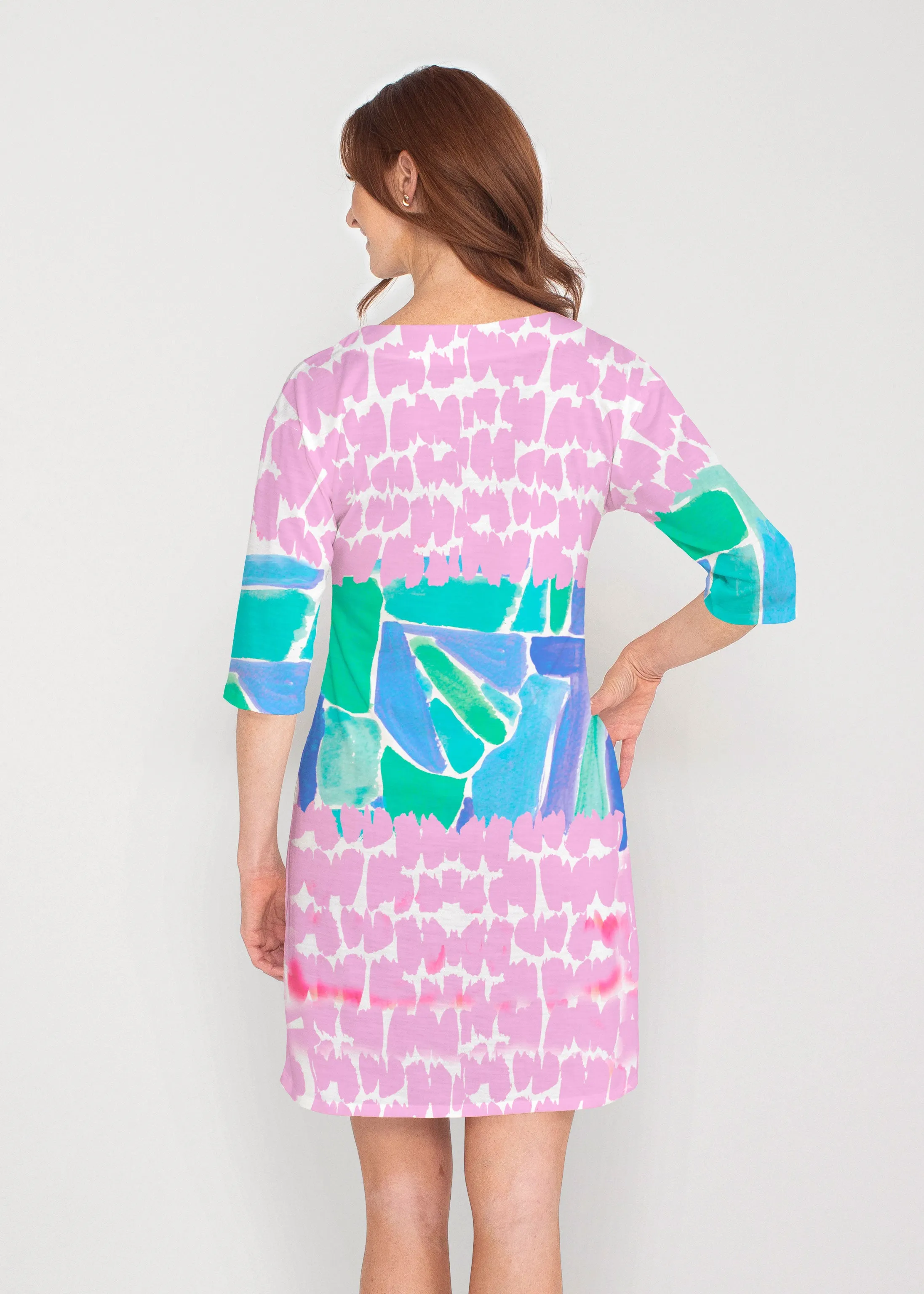 Pebble Walk Blue (17260) ~ Drop Shoulder 3/4 Sleeve V-Neck Dress