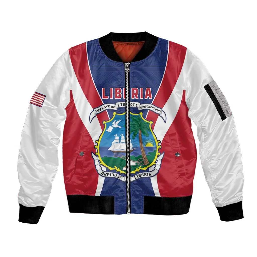Personalised Afro Liberia Sleeve Zip Bomber Jacket Coat Of Arms With Flag Map - African Pattern LT15