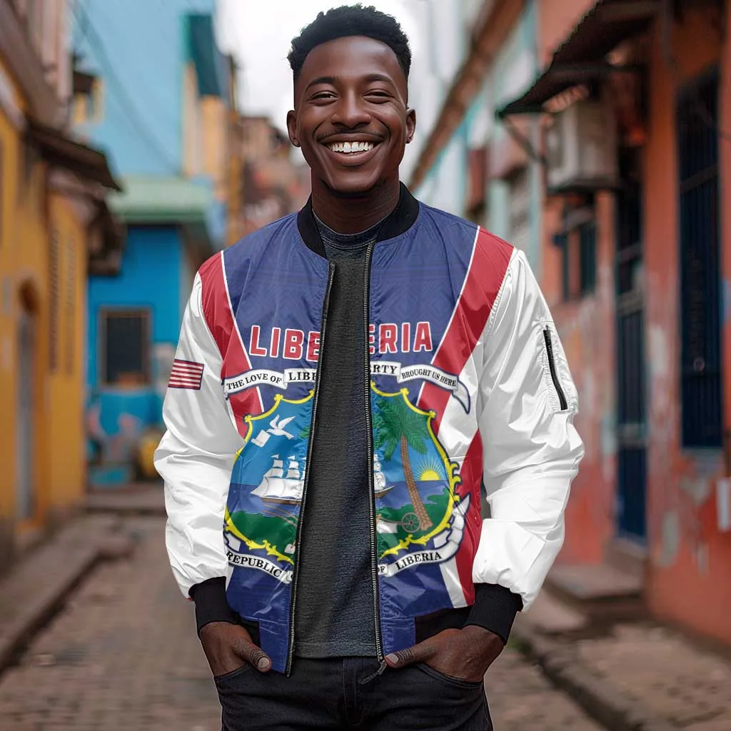 Personalised Afro Liberia Sleeve Zip Bomber Jacket Coat Of Arms With Flag Map - African Pattern LT15