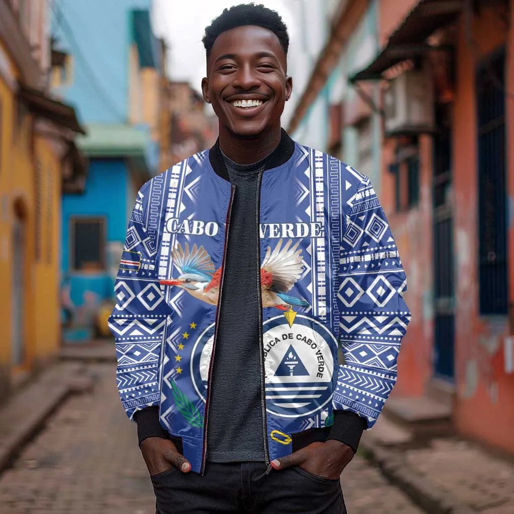 Personalised Cape Verde Sleeve Zip Bomber Jacket Grey Headed Kingfisher - Coat Of Arms LT15