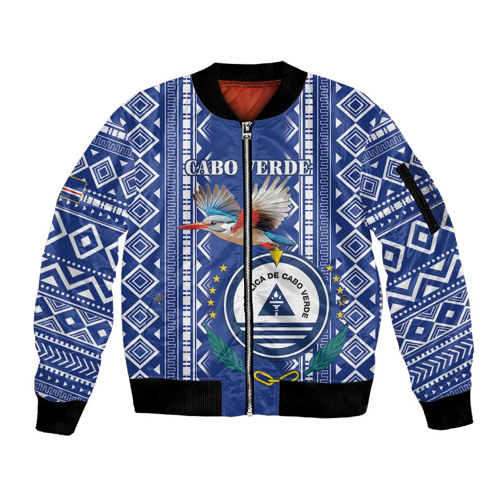 Personalised Cape Verde Sleeve Zip Bomber Jacket Grey Headed Kingfisher - Coat Of Arms LT15