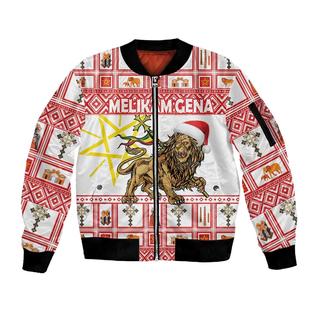Personalized Ethiopia Melikam Gena Sleeve Zip Bomber Jacket Merry Christmas Lion of Judah LT18