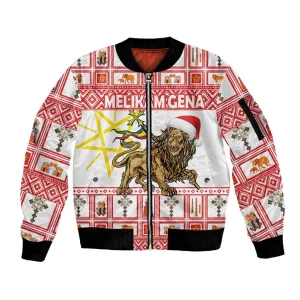Personalized Ethiopia Melikam Gena Sleeve Zip Bomber Jacket Merry Christmas Lion of Judah LT18