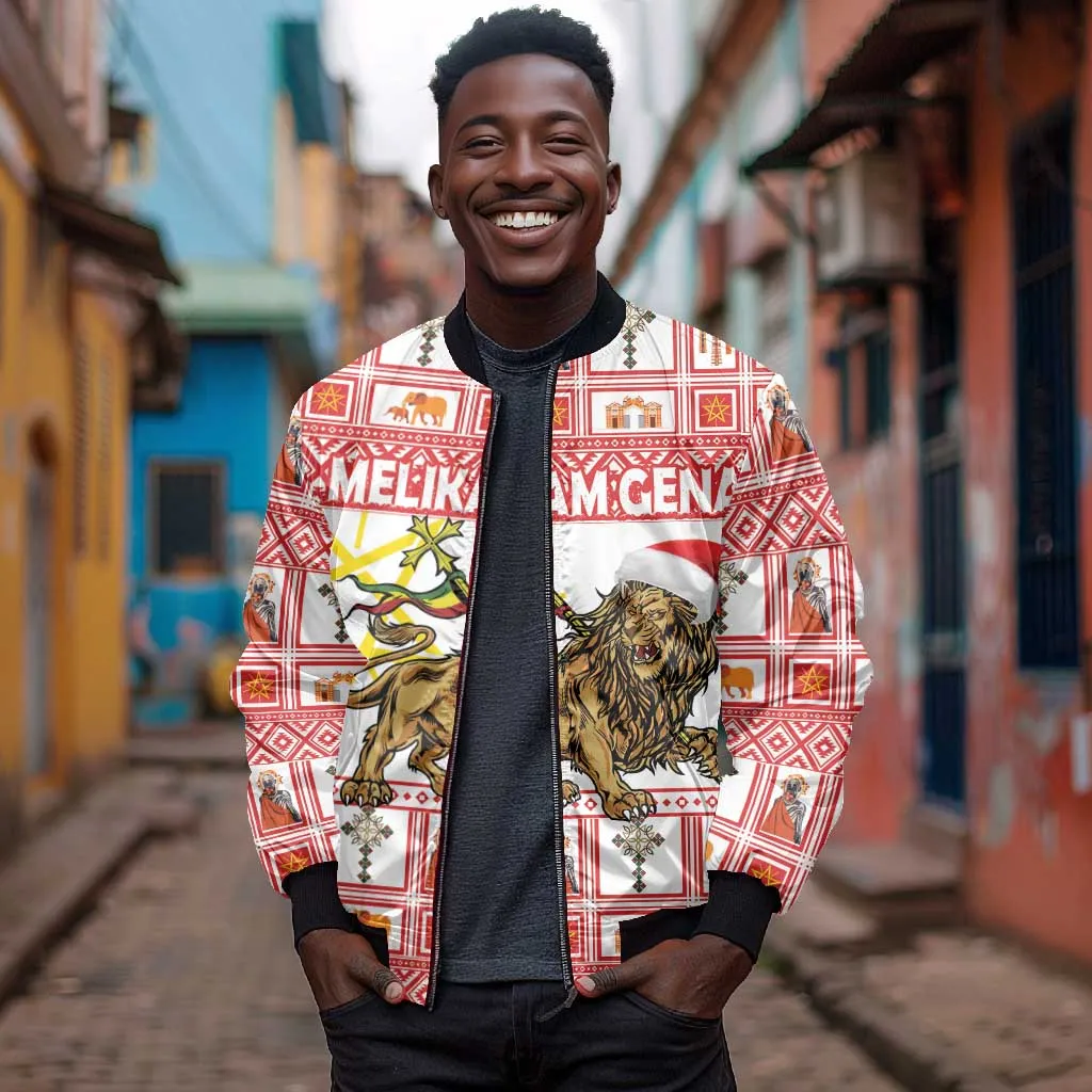Personalized Ethiopia Melikam Gena Sleeve Zip Bomber Jacket Merry Christmas Lion of Judah LT18