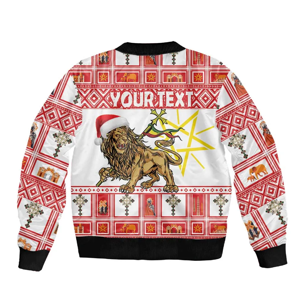 Personalized Ethiopia Melikam Gena Sleeve Zip Bomber Jacket Merry Christmas Lion of Judah LT18