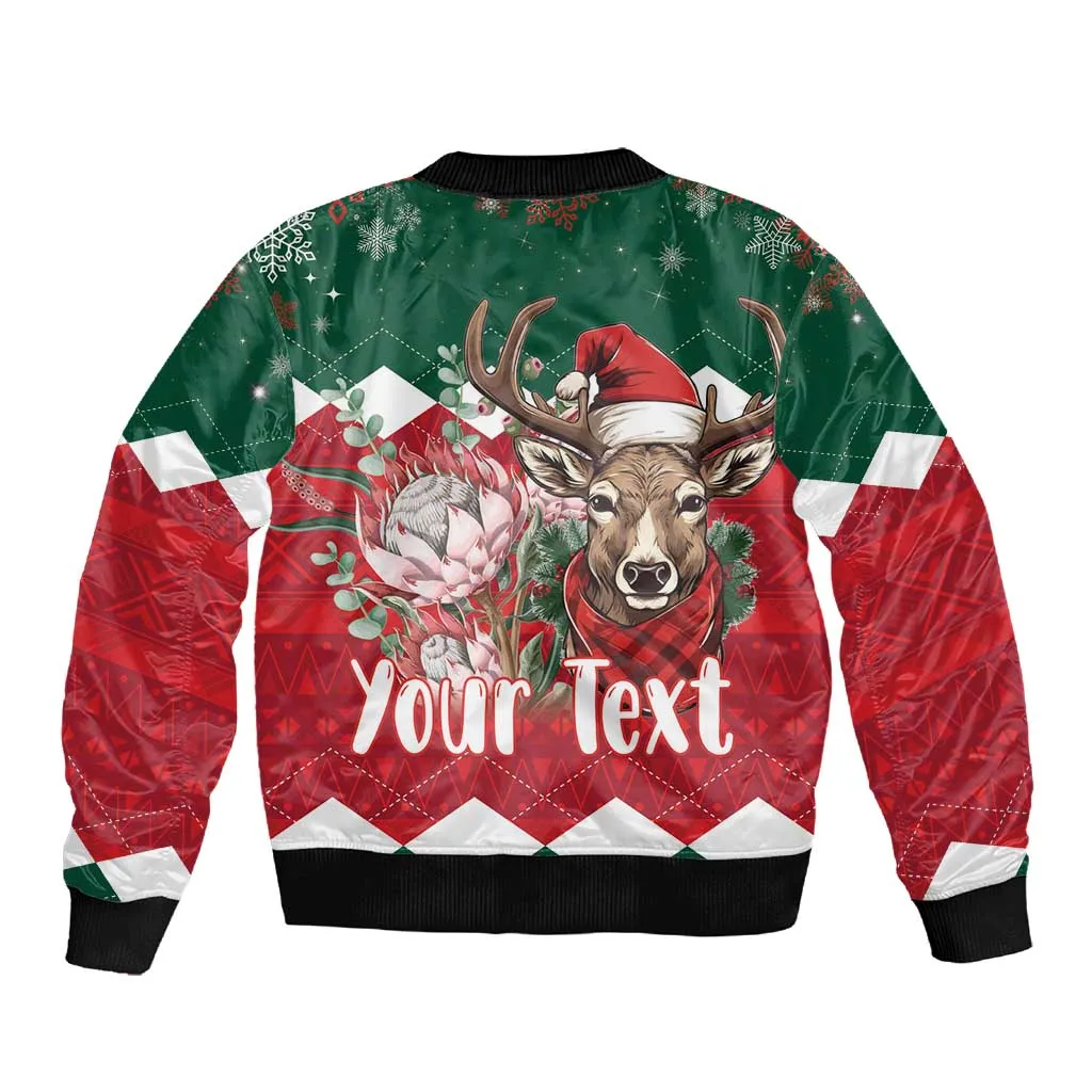 Personalized South Africa Merry Christmas Sleeve Zip Bomber Jacket Springbok With King Protea LT18