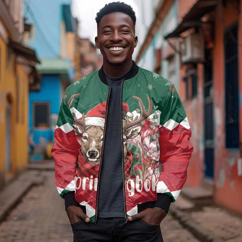 Personalized South Africa Merry Christmas Sleeve Zip Bomber Jacket Springbok With King Protea LT18
