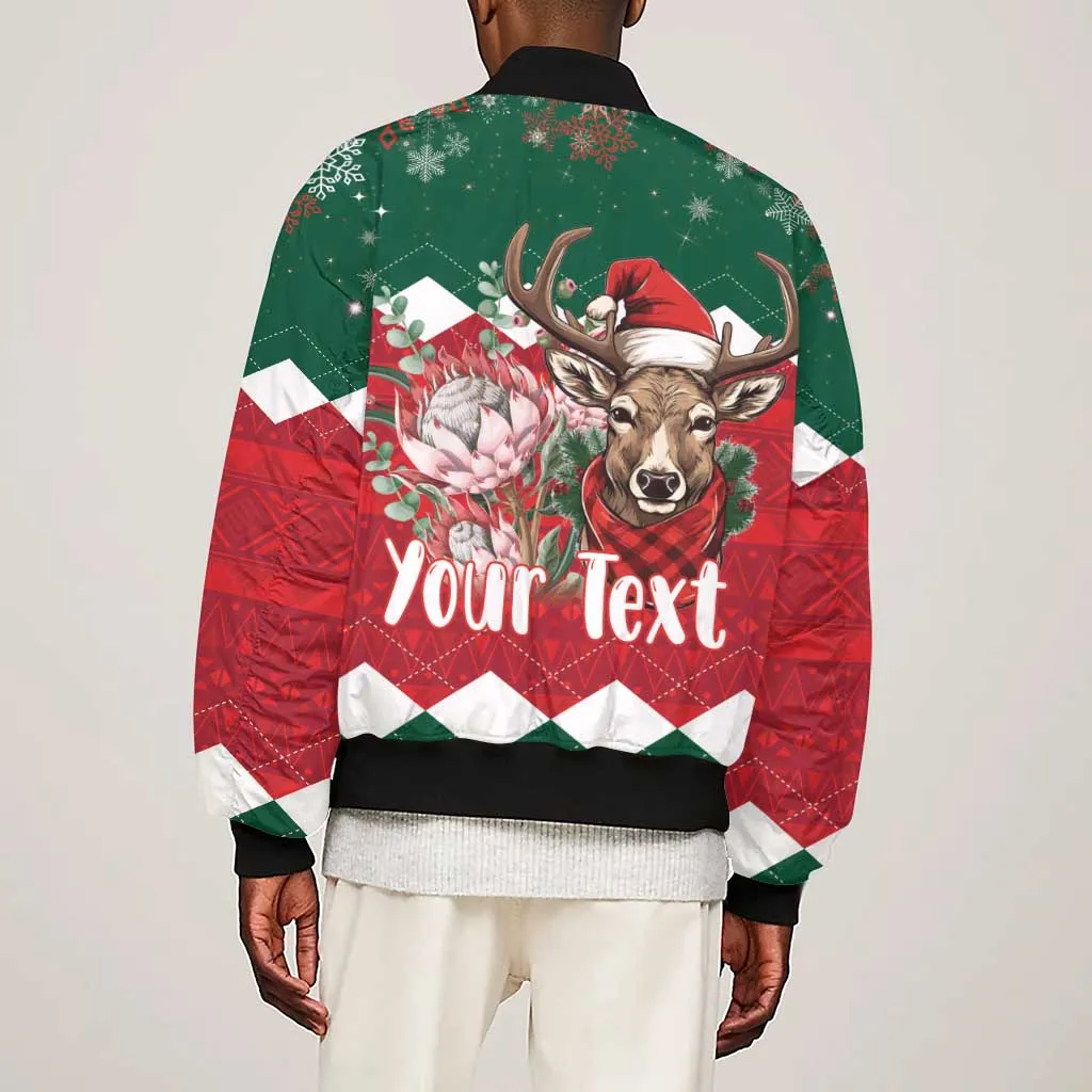 Personalized South Africa Merry Christmas Sleeve Zip Bomber Jacket Springbok With King Protea LT18