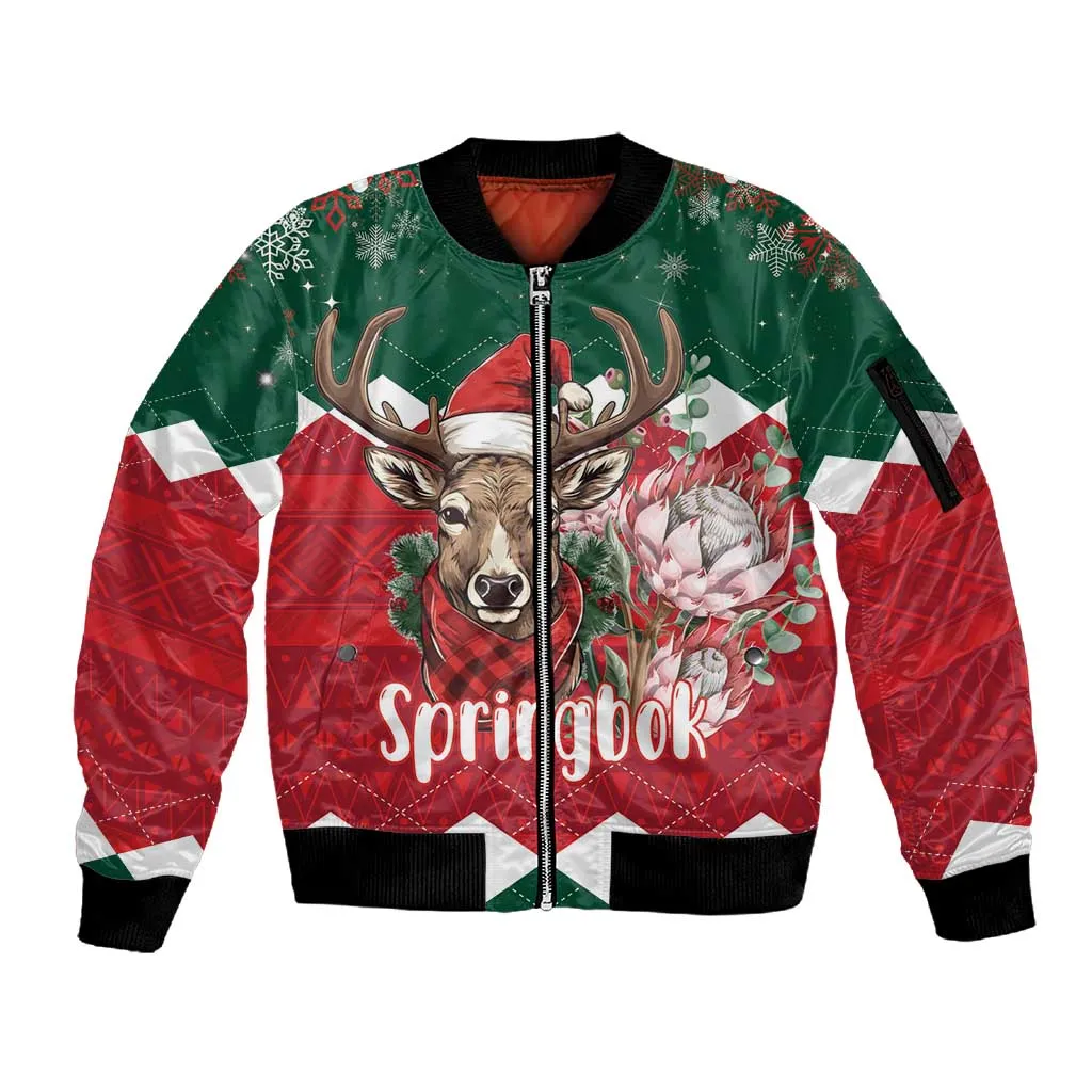 Personalized South Africa Merry Christmas Sleeve Zip Bomber Jacket Springbok With King Protea LT18