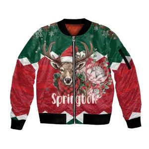 Personalized South Africa Merry Christmas Sleeve Zip Bomber Jacket Springbok With King Protea LT18