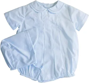 Petit Ami Boys Blue Classic Feather Stitched Romper with Hat in Preemie, Newborn, 3, 6, 9 Months
