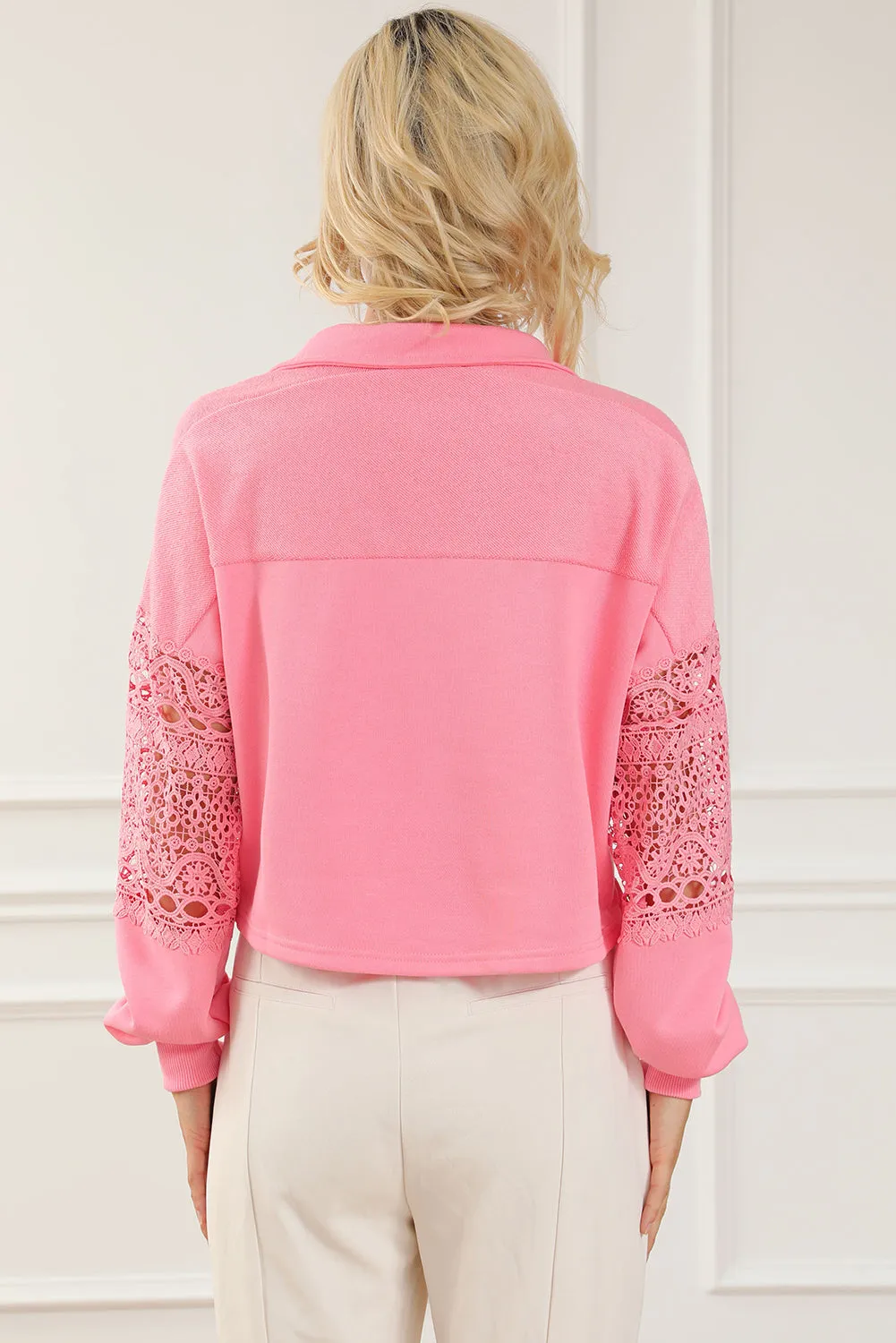 Pink Hollowed Lace Splicing Cropped Sweatshirt